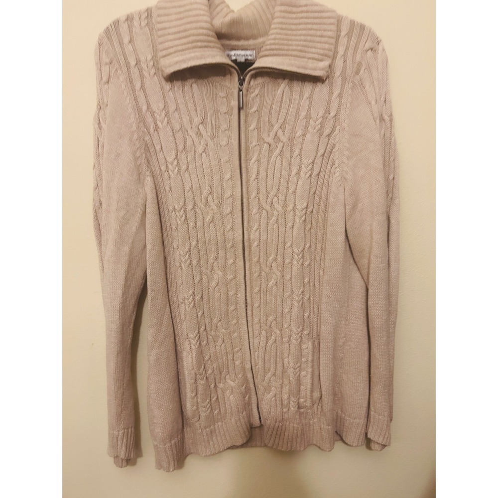 Croft & Barrow Full Zip Cardigan Womens Large Beige Good Cable Knit Collared